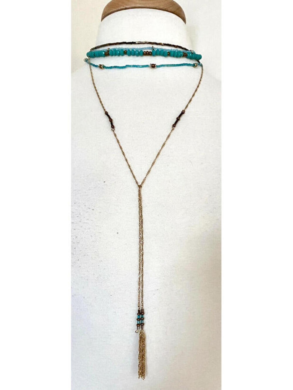 NWT Gemma Simone Turquoise Gold Beaded Long Tassel Necklace Multi-Strand AS IS